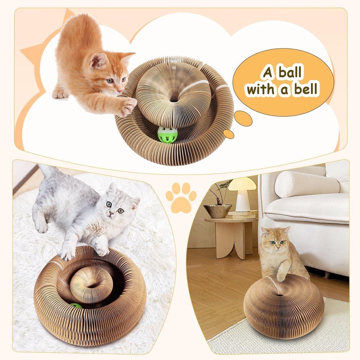 Cats playing with the Kitty Kurlz cat toy and its bell ball